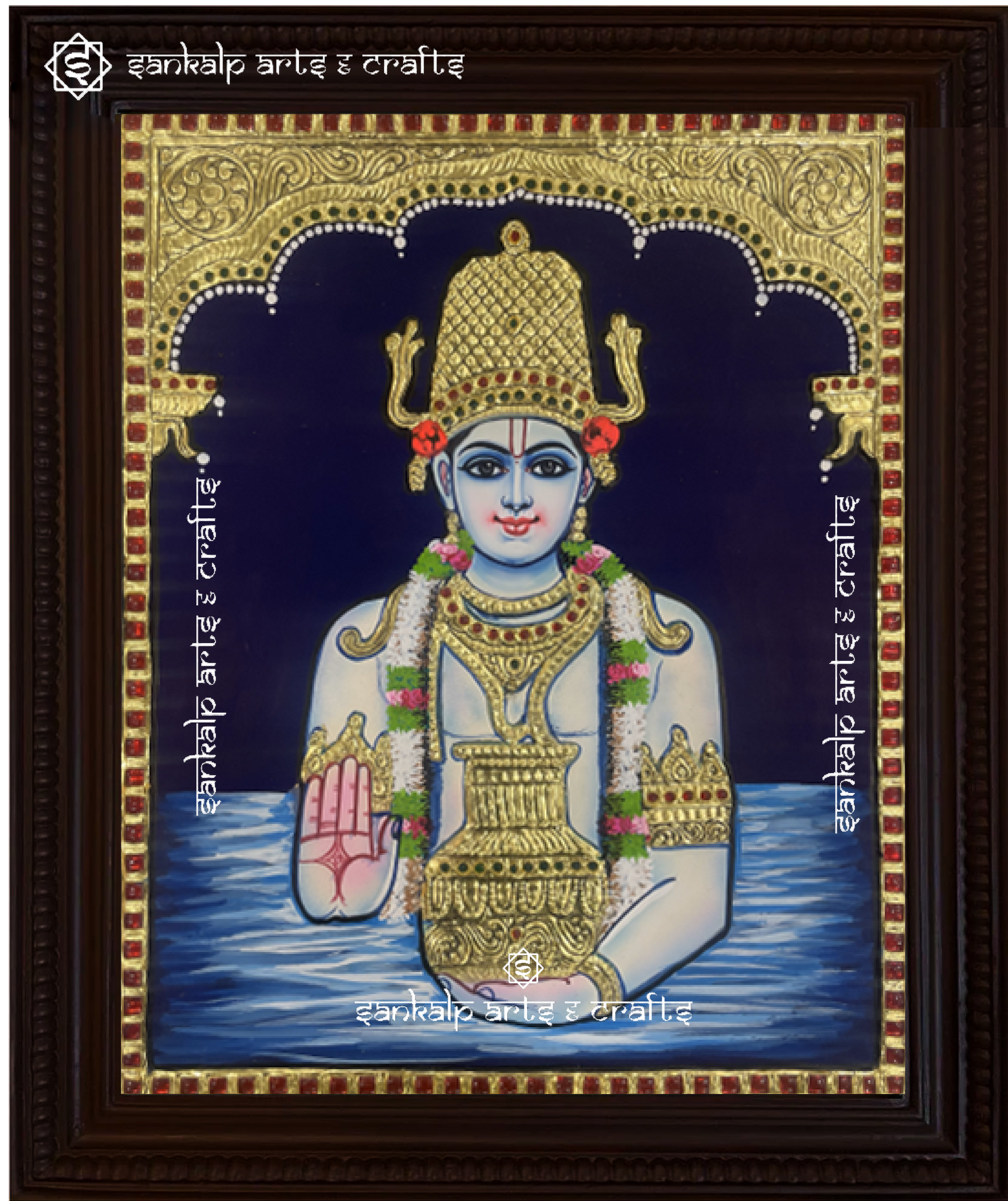 A sacred framed Tanjore painting of Lord Dhanvantri, the god of Ayurveda, adorned with rich gold foil detailing. A perfect spiritual decor piece for homes in Chennai & Bangalore.

