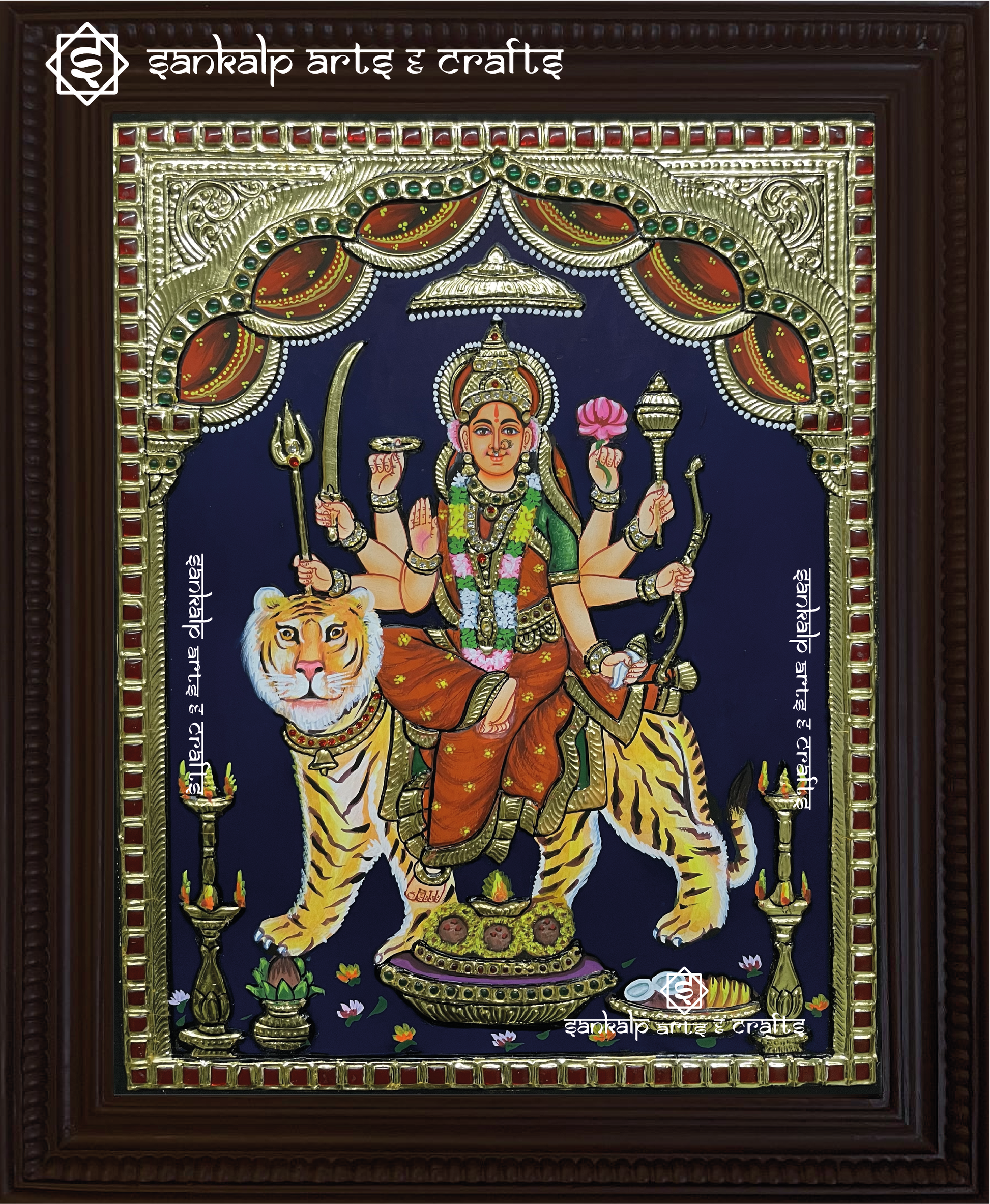 Durga Devi Tanjore painting, depicting the goddess Durga in vibrant colors with intricate details, showcasing her powerful and divine presence in traditional Indian art style.