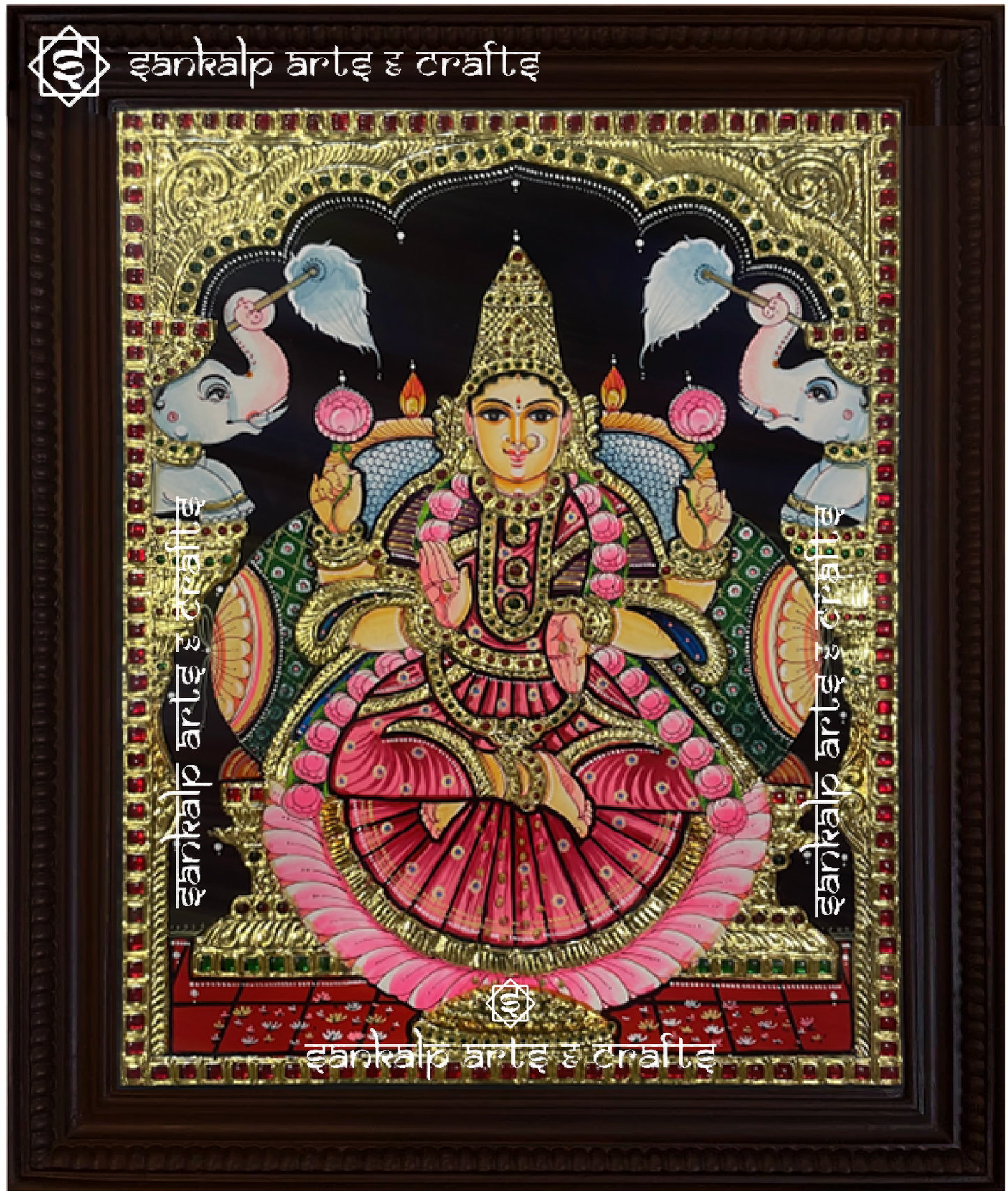 A divine Gajalakshmi Tanjore painting, featuring Goddess Lakshmi with elephants, crafted for auspicious decor in Chennai & Bangalore.

