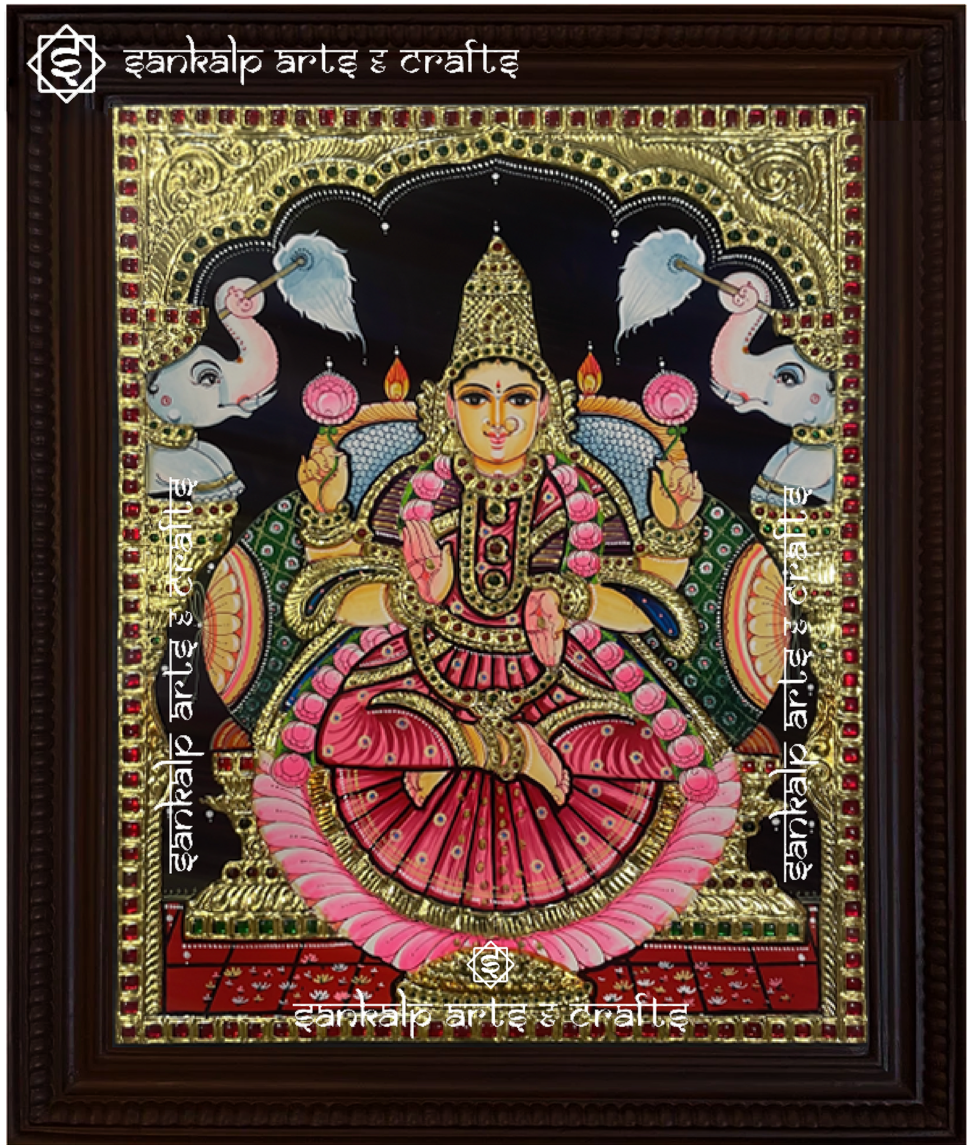 A divine Gajalakshmi Tanjore painting, featuring Goddess Lakshmi with elephants, crafted for auspicious decor in Chennai & Bangalore.


