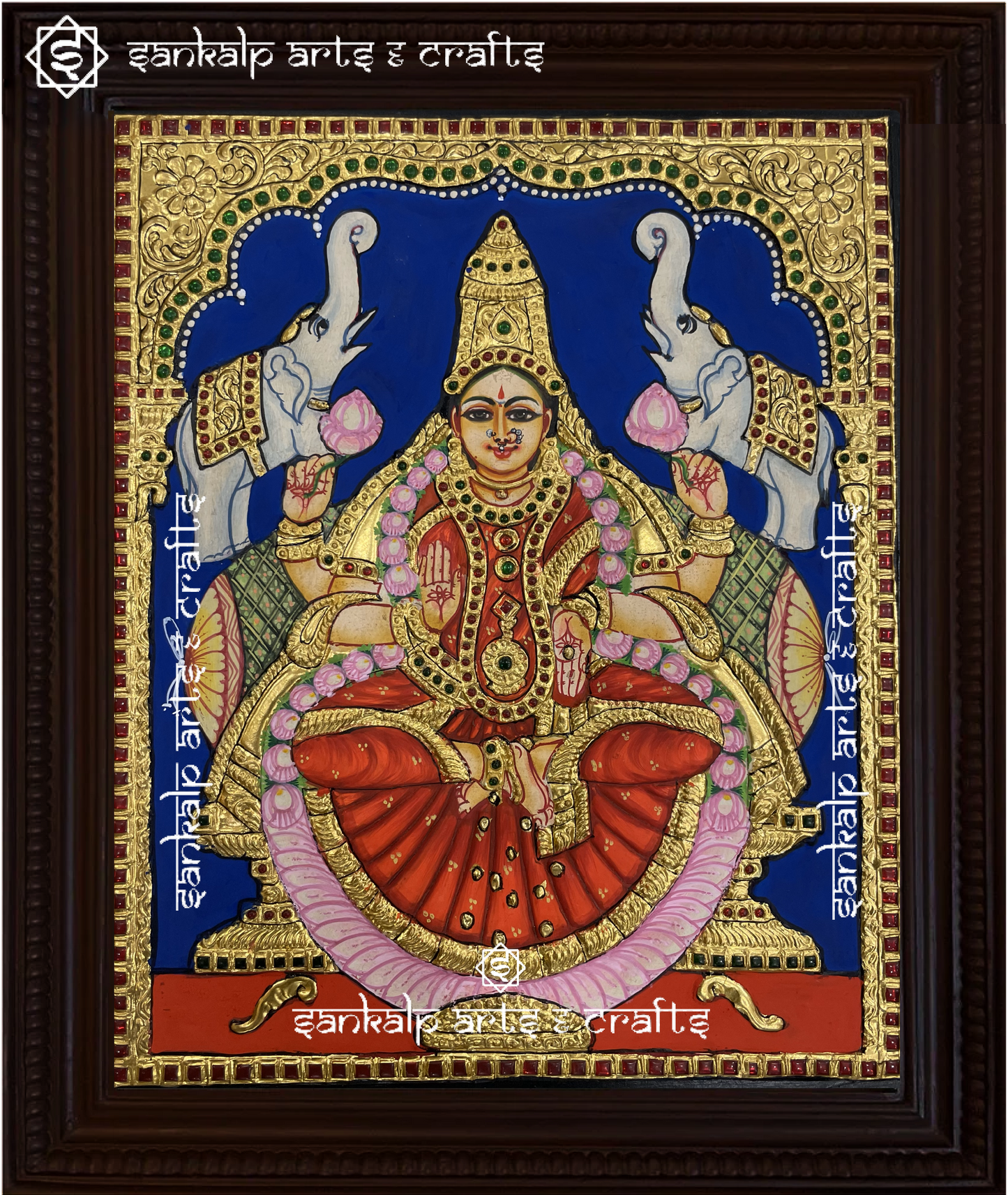 A stunning antique-style Tanjore painting of Goddess Gajalakshmi, adorned with intricate gold foil work, perfect for home decor in Chennai & Bangalore.

