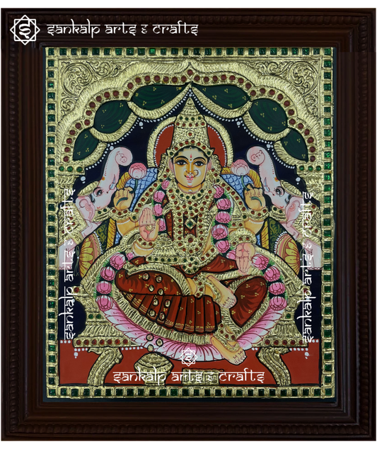 A divine antique-style Tanjore painting of Goddess Gajalakshmi, adorned with intricate gold foil work, perfect for home decor in Chennai & Bangalore.

