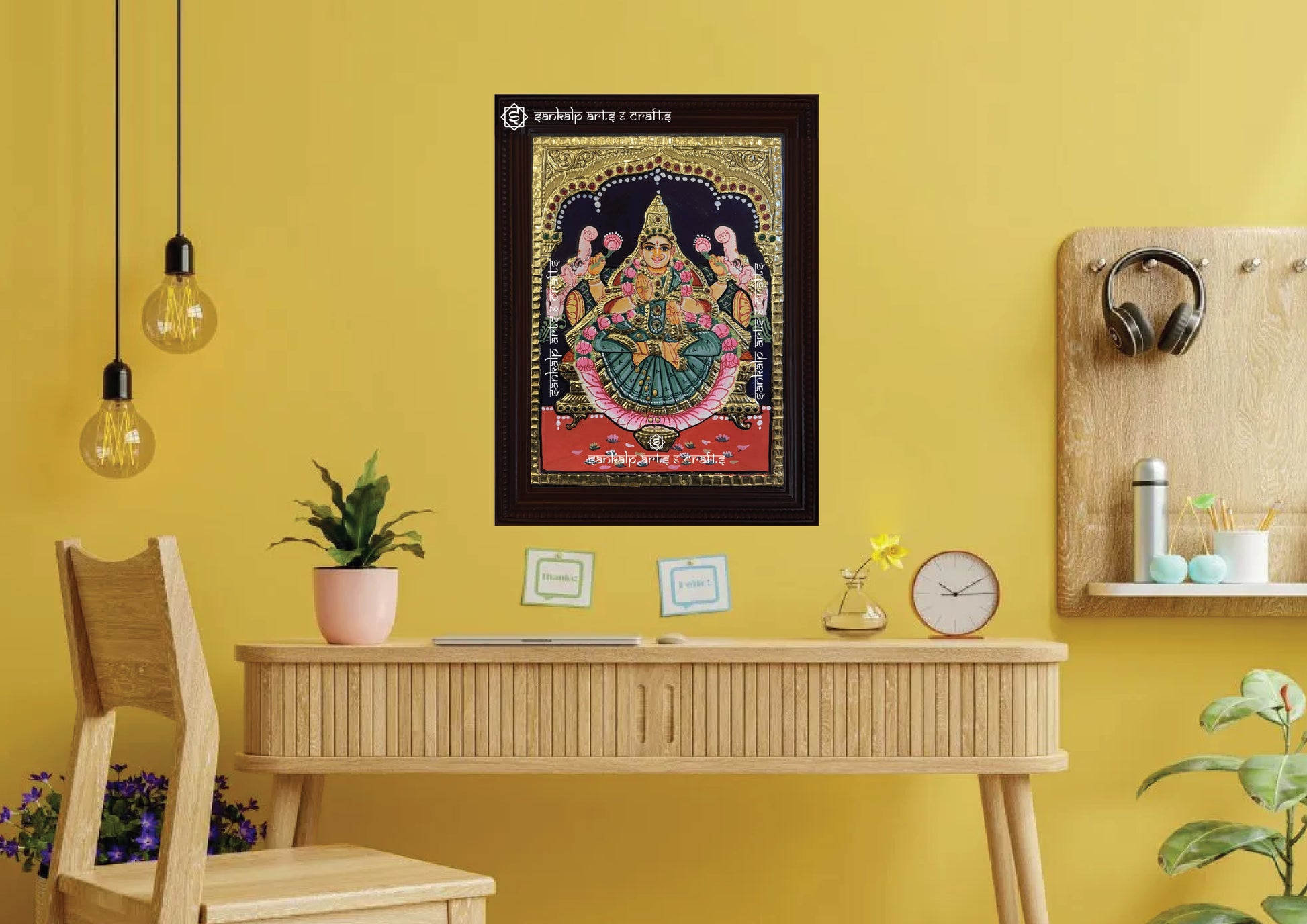 A beautifully detailed Tanjore painting of Goddess Gajalakshmi, radiating divine energy and elegance in home decor. Available in Chennai & Bangalore.

