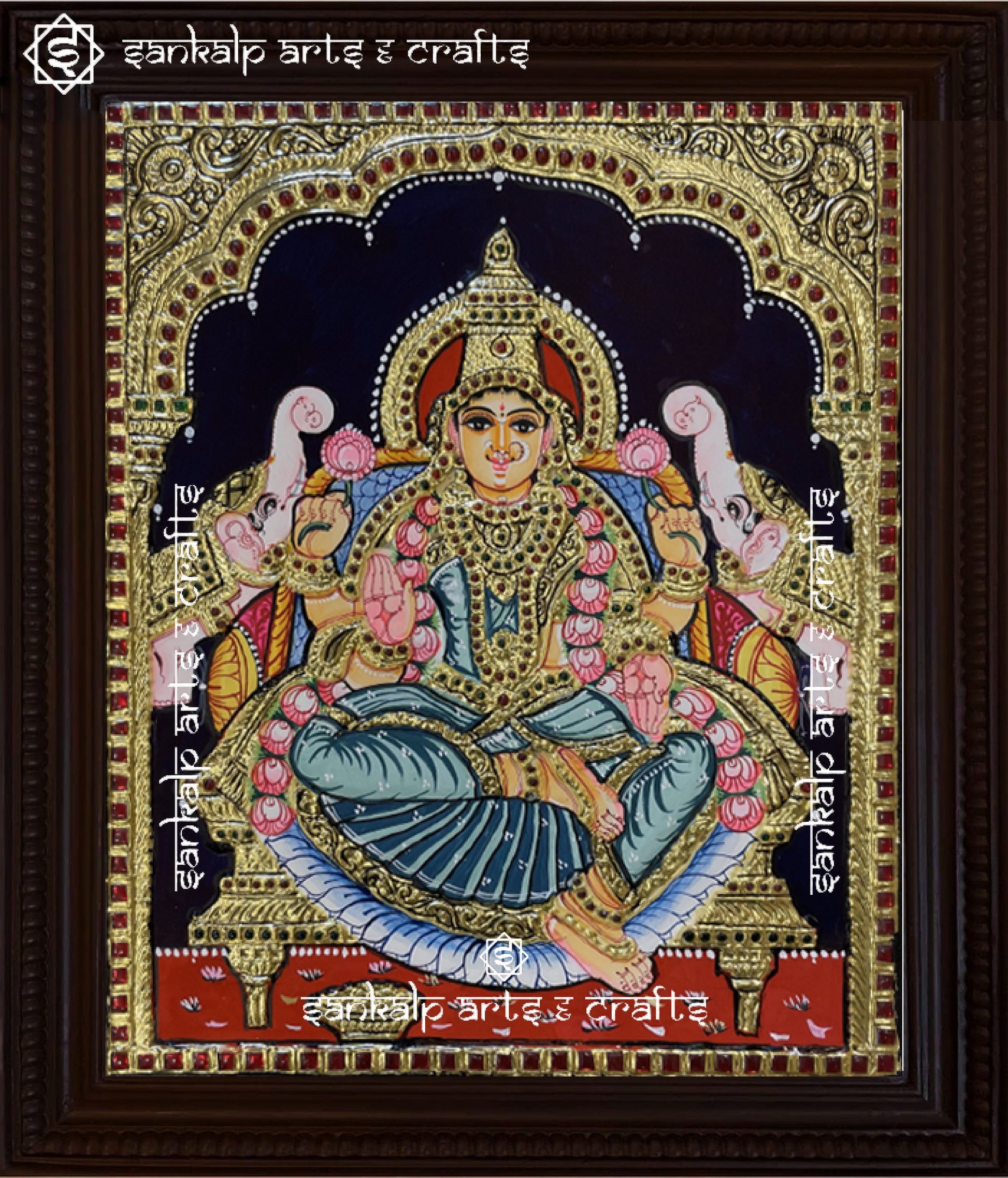 A divine antique-style Tanjore painting of Goddess Gajalakshmi, adorned with intricate gold foil work, perfect for home decor in Chennai & Bangalore.


