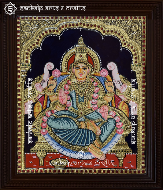 A divine antique-style Tanjore painting of Goddess Gajalakshmi, adorned with intricate gold foil work, perfect for home decor in Chennai & Bangalore.

