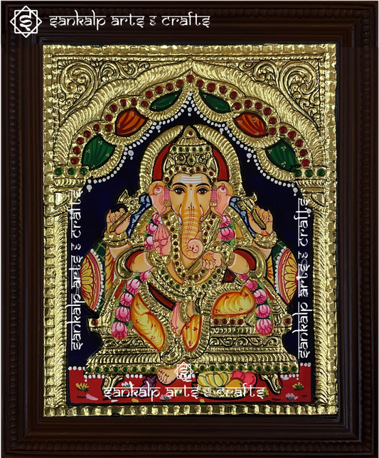 A beautifully handcrafted Tanjore painting of Lord Ganesha, adorned with rich gold foil and vibrant colors. A perfect decor piece for homes and temples in Chennai & Bangalore.

