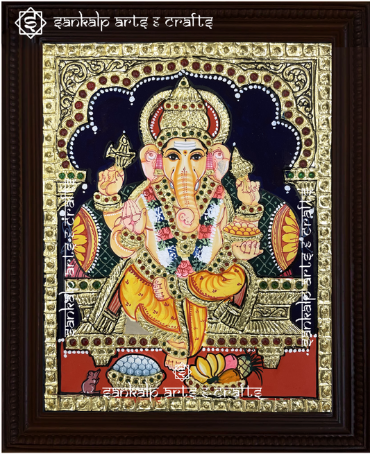 A beautifully handcrafted Ganesha Tanjore painting featuring Lord Ganapati seated gracefully, holding his divine attributes, adorned with intricate gold foil detailing and vibrant colors, symbolizing wisdom, prosperity, and auspicious beginnings.

