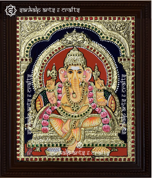 A beautifully handcrafted Ganesha Tanjore painting featuring Lord Ganesha seated gracefully, adorned with intricate gold foil detailing and vibrant colors. This masterpiece radiates divine energy, symbolizing wisdom and prosperity.


