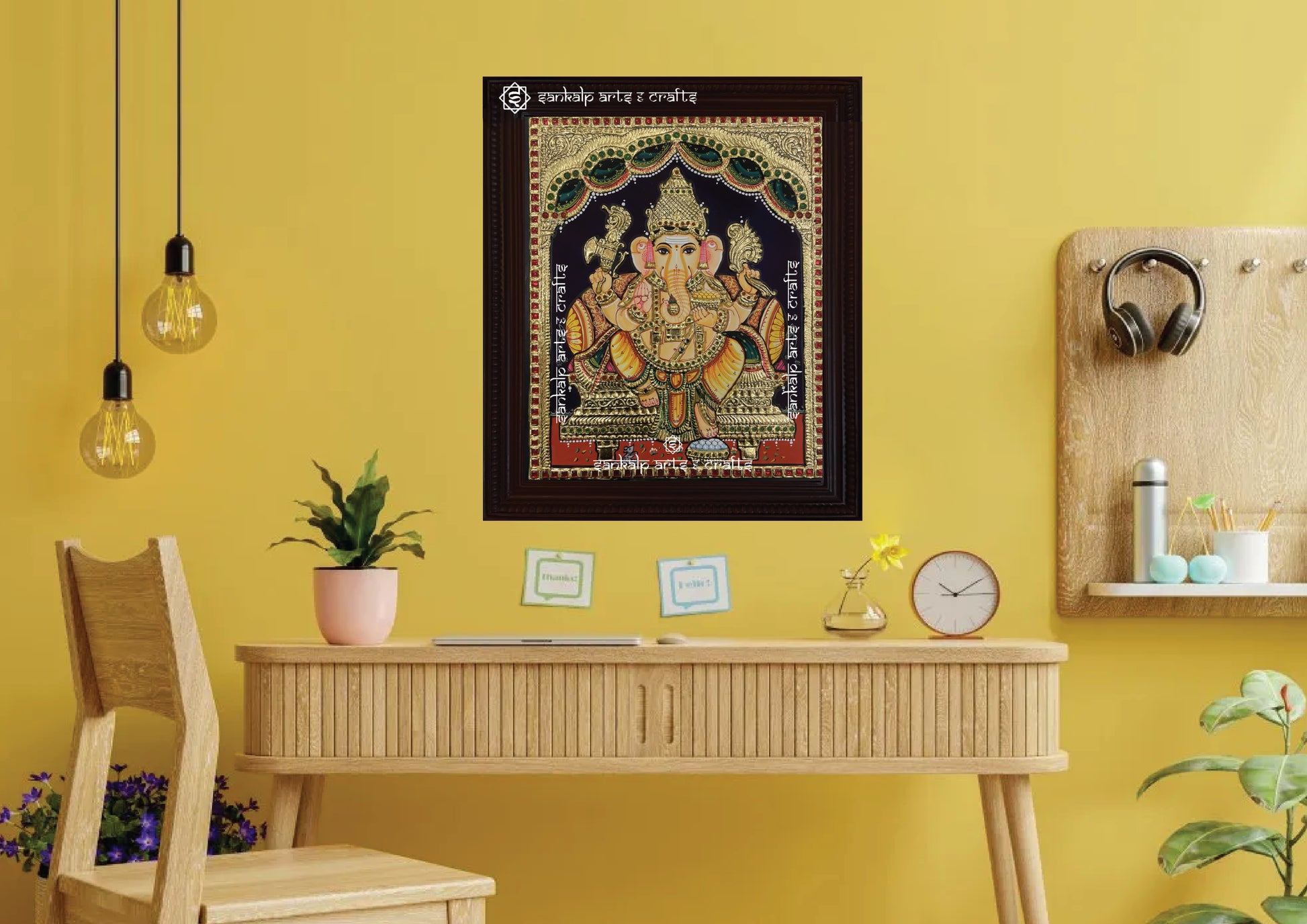 A divine Tanjore painting of Lord Ganesha, bringing blessings and positive energy to home decor. Available in Chennai & Bangalore.

