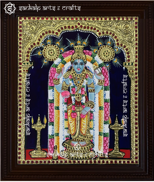 A traditional Guruvayoorappan Tanjore painting with intricate gold foil work, perfect for pooja room decor in Chennai & Bangalore.

