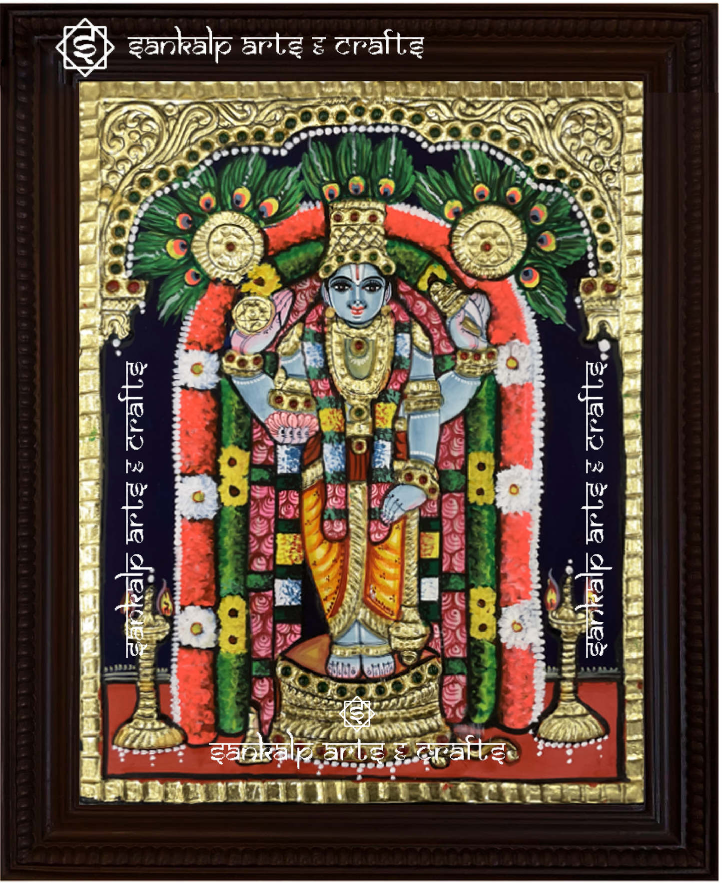 A beautifully handcrafted Guruvayoorappan Tanjore painting depicting Lord Krishna in his majestic form, holding a flute and adorned with intricate gold foil detailing. This artwork radiates divine blessings, prosperity, and devotion.

