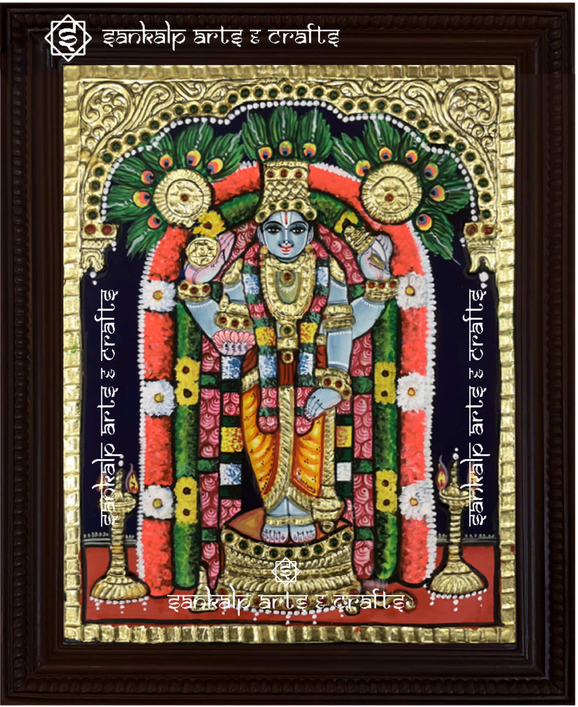 A beautifully handcrafted Guruvayoorappan Tanjore painting depicting Lord Krishna in his majestic form, holding a flute and adorned with intricate gold foil detailing. This artwork radiates divine blessings, prosperity, and devotion.

