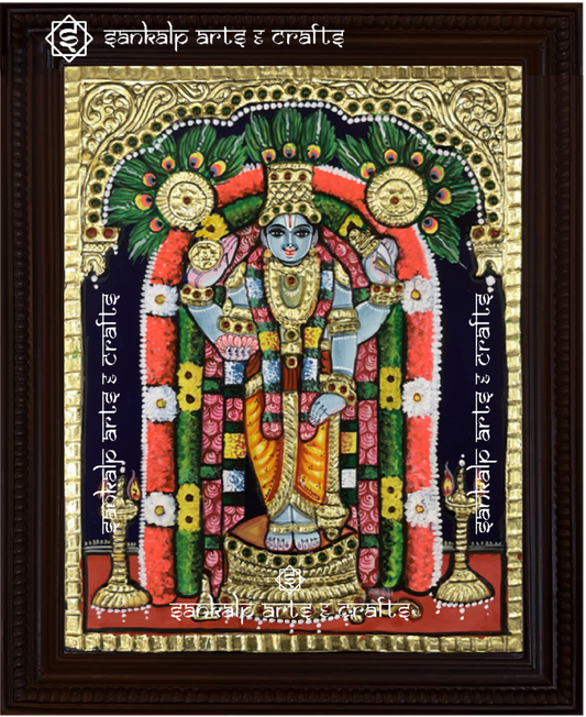 A beautifully handcrafted Guruvayoorappan Tanjore painting depicting Lord Krishna in his majestic form, holding a flute and adorned with intricate gold foil detailing. This artwork radiates divine blessings, prosperity, and devotion.

