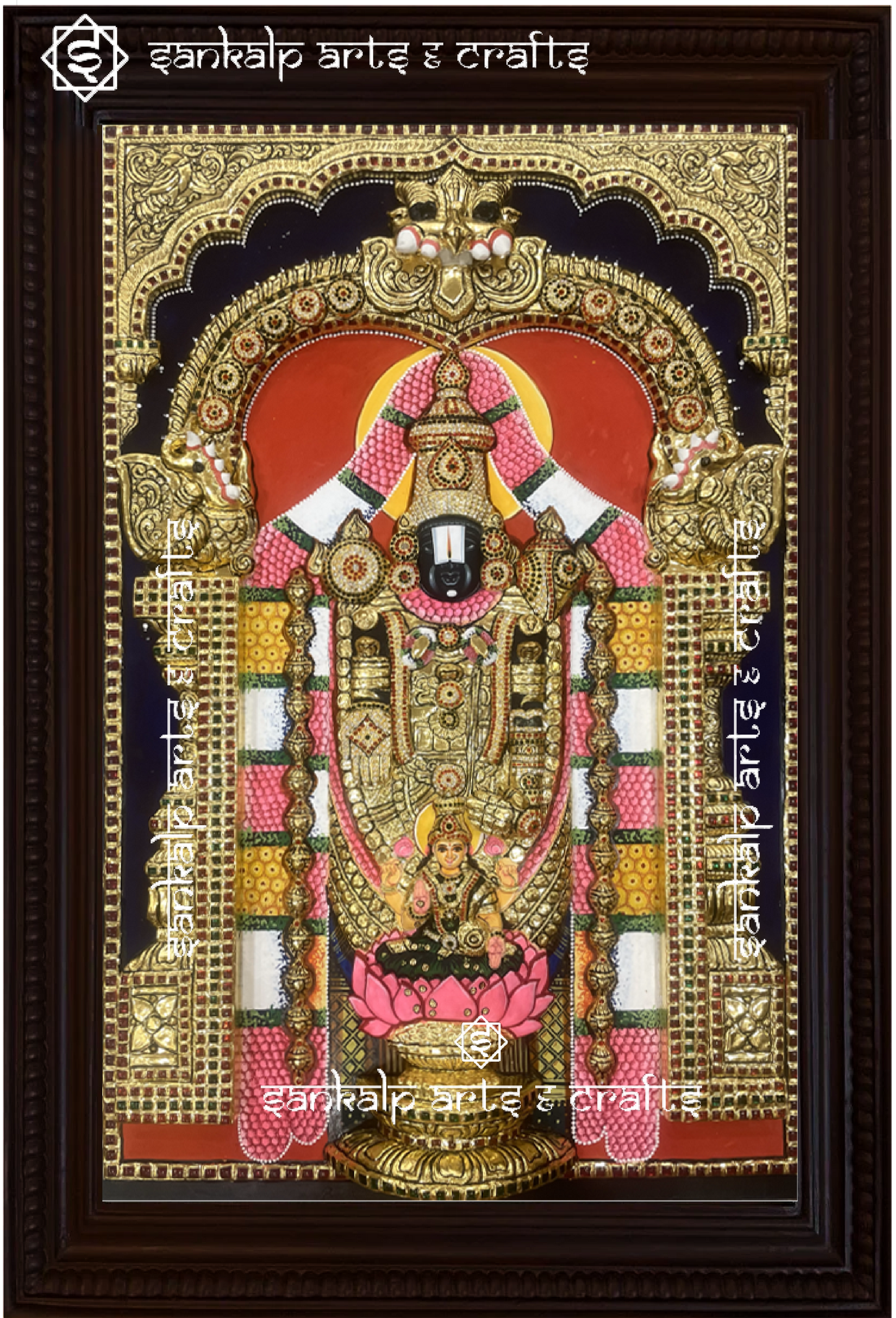This 3D Tanjore painting of Lakshmi & Balaji is crafted with depth and detail, making it a perfect spiritual décor for homes in Chennai & Bangalore.

