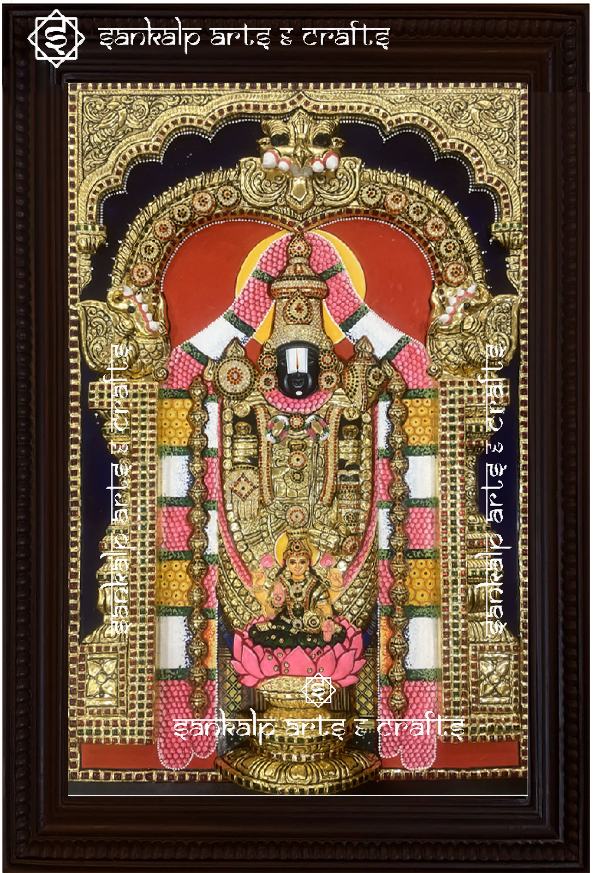 This 3D Tanjore painting of Lakshmi & Balaji is crafted with depth and detail, making it a perfect spiritual décor for homes in Chennai & Bangalore.

