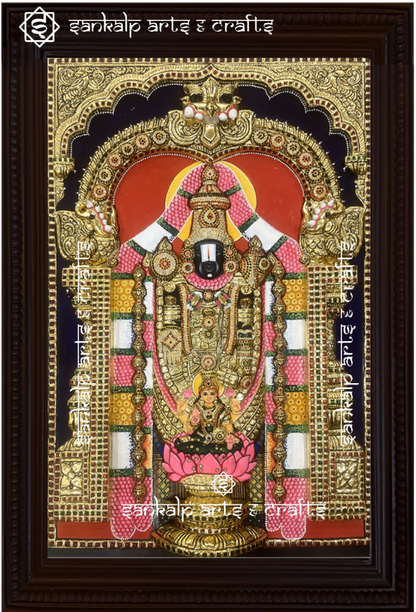 This 3D Tanjore painting of Lakshmi & Balaji is crafted with depth and detail, making it a perfect spiritual décor for homes in Chennai & Bangalore.

