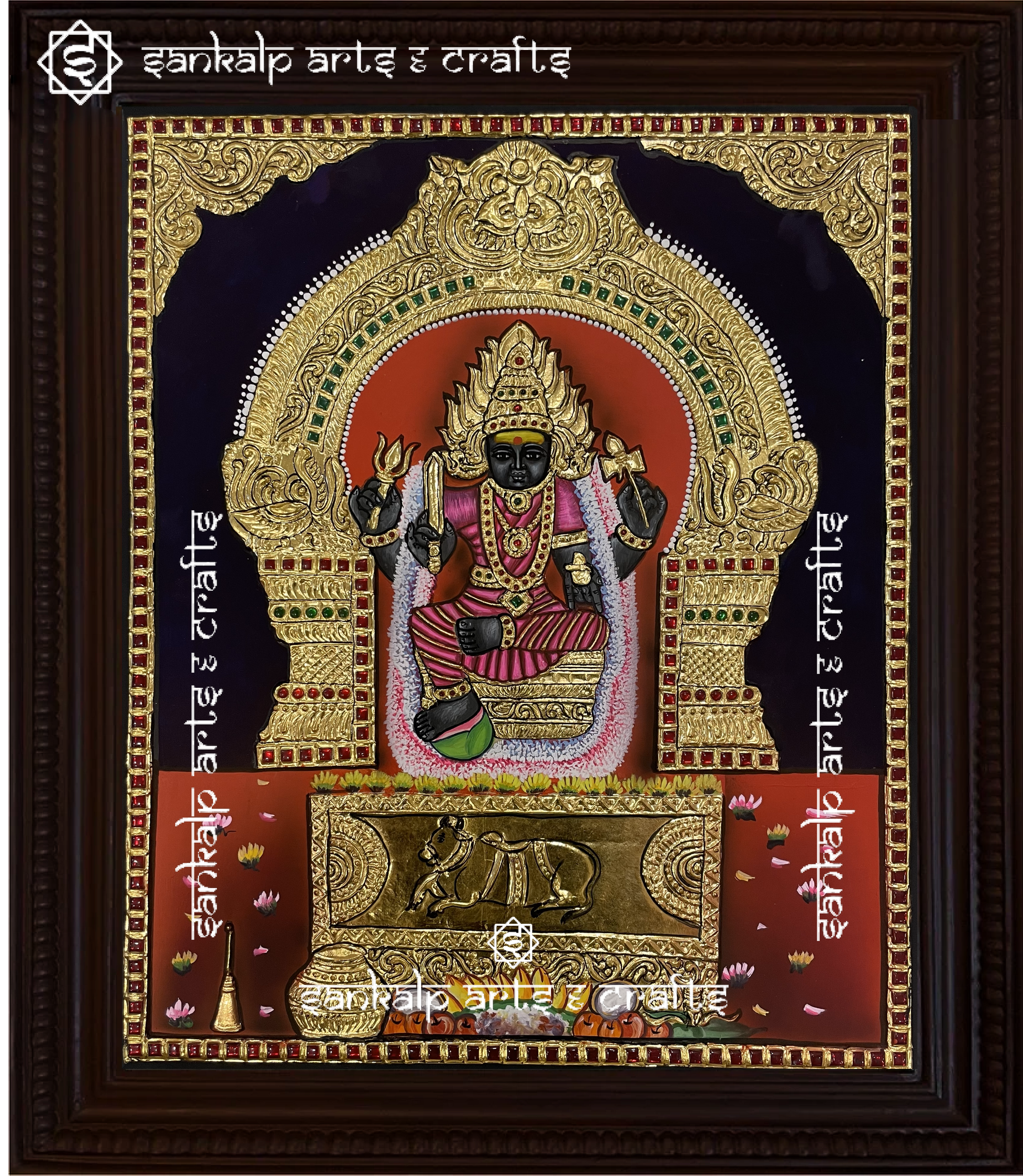 This traditional Tanjore painting of Goddess Angalamman, embellished with rich gold foil, enhances pooja rooms in Chennai & Bangalore.

