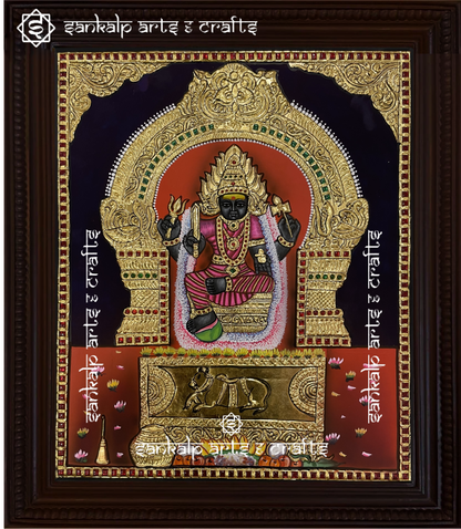 This traditional Tanjore painting of Goddess Angalamman, embellished with rich gold foil, enhances pooja rooms in Chennai & Bangalore.

