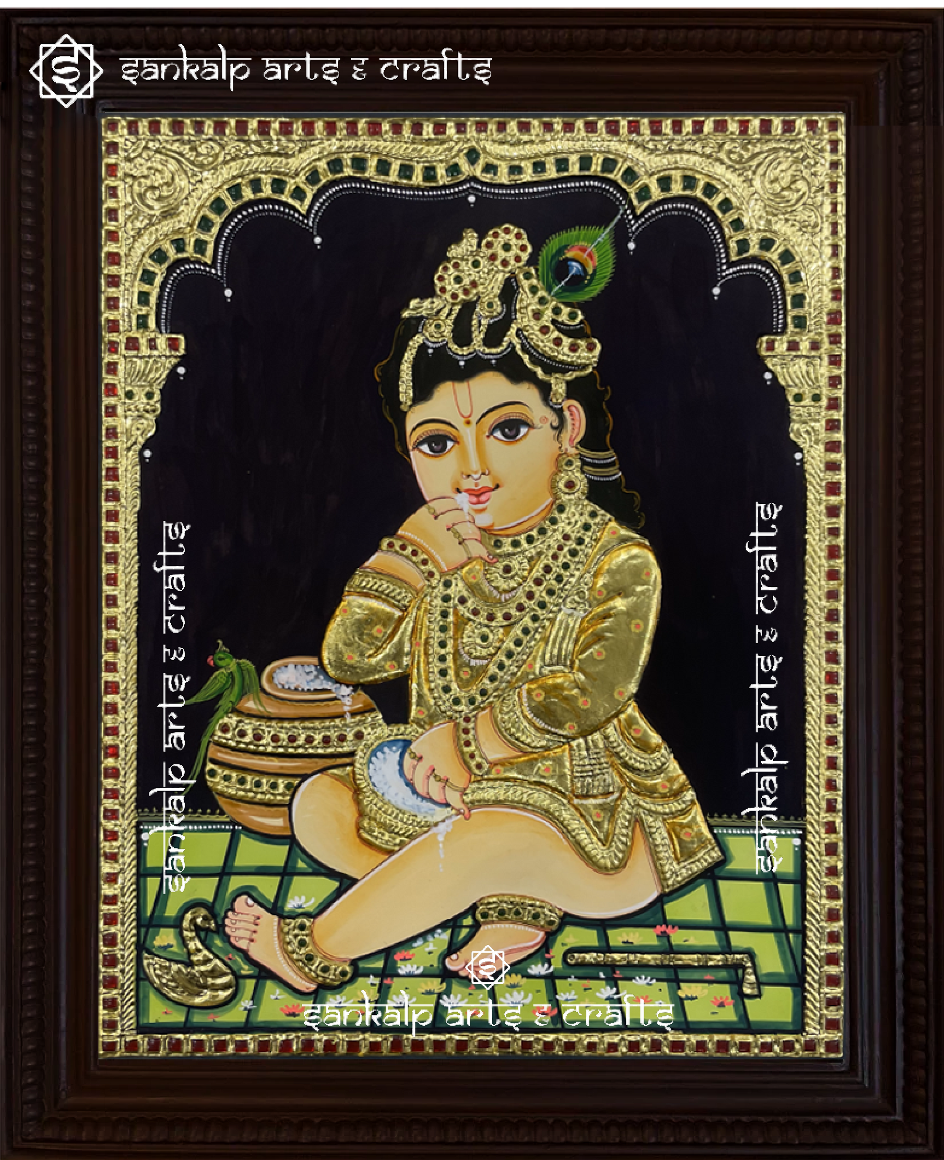 This Butter Krishna Tanjore painting brings charm and devotion to your home. A stunning pooja room or living space decor piece, loved in Chennai & Bangalore.