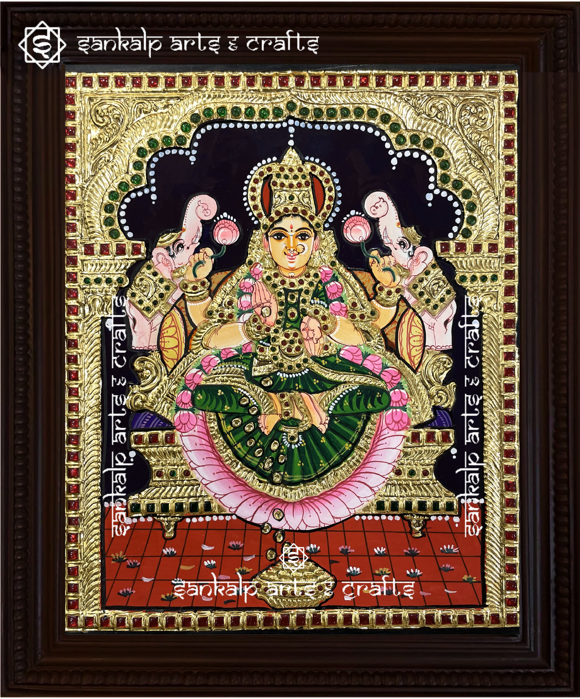 This exquisite Tanjore painting of Goddess Gajalakshmi showcases rich colors and intricate artistry. Perfect for homes and temples in Chennai & Bangalore.