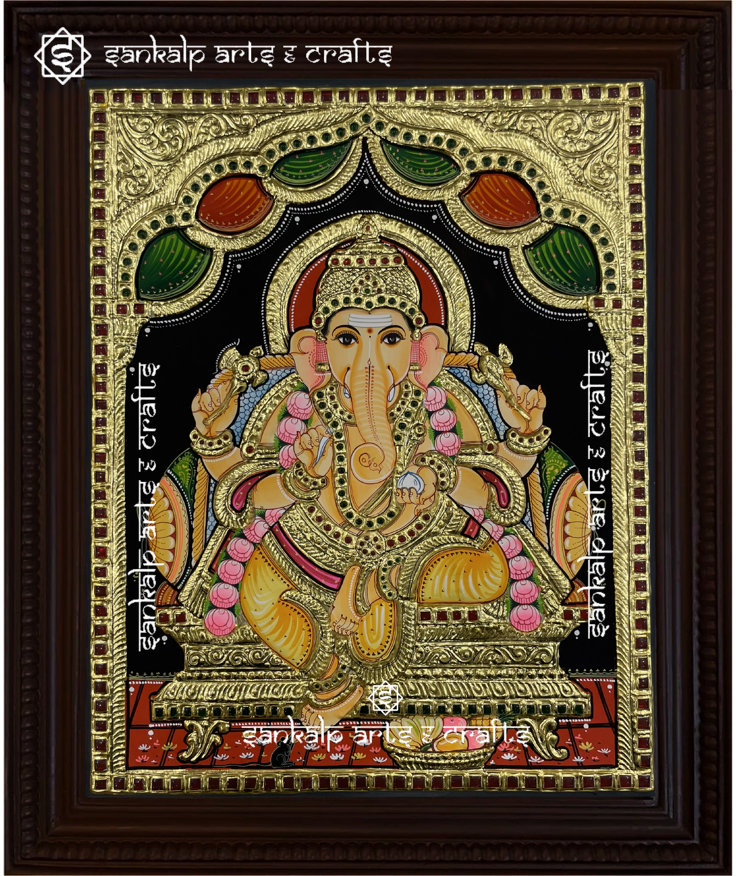 This Ganesha Tanjore painting adds a touch of elegance and devotion to your home, ideal for pooja rooms and wall decor in Chennai & Bangalore.