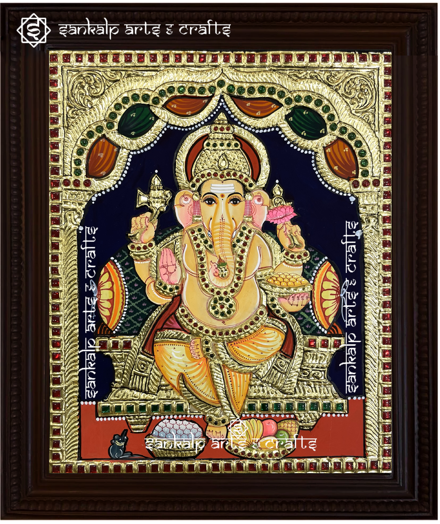 This Tanjore painting of Lord Ganesha is a masterpiece of intricate craftsmanship, adding divine grace to homes in Chennai & Bangalore.

