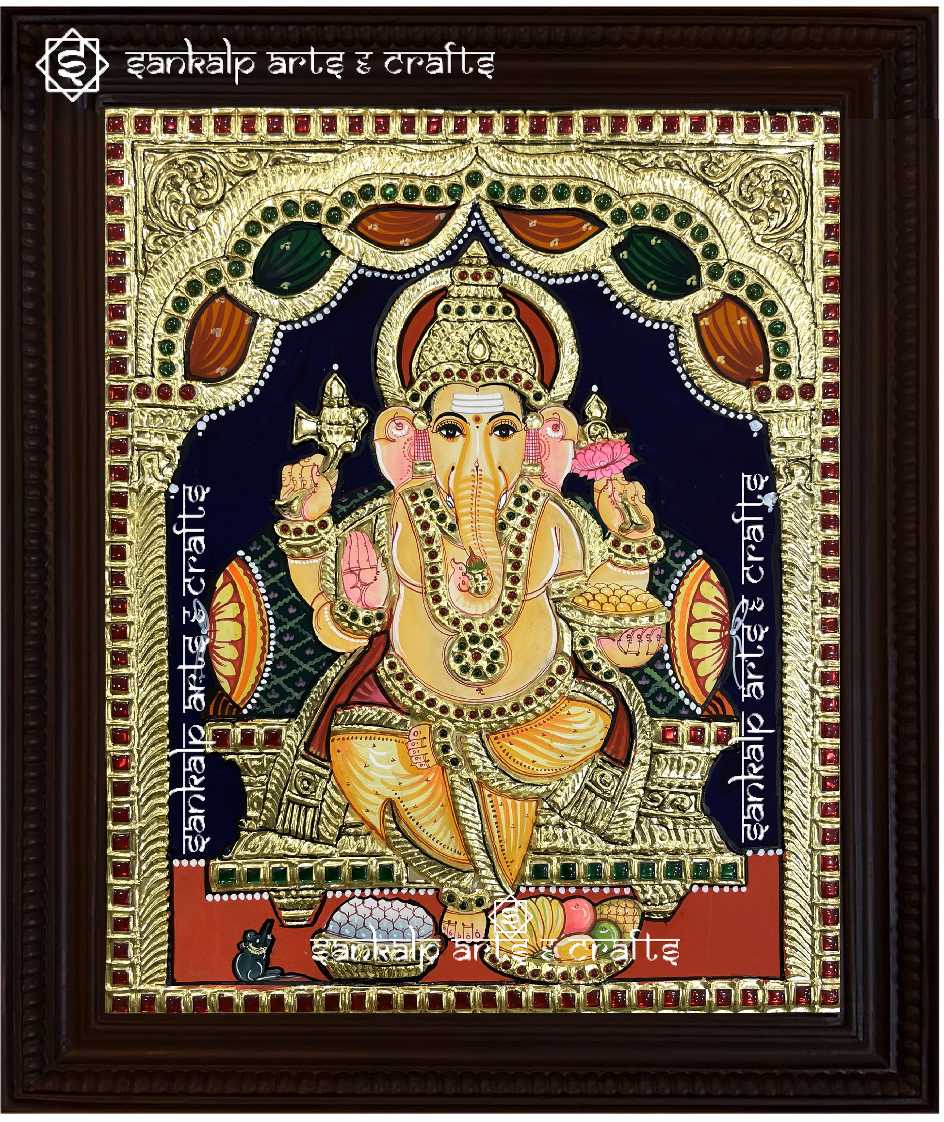This Tanjore painting of Lord Ganesha is a masterpiece of intricate craftsmanship, adding divine grace to homes in Chennai & Bangalore.

