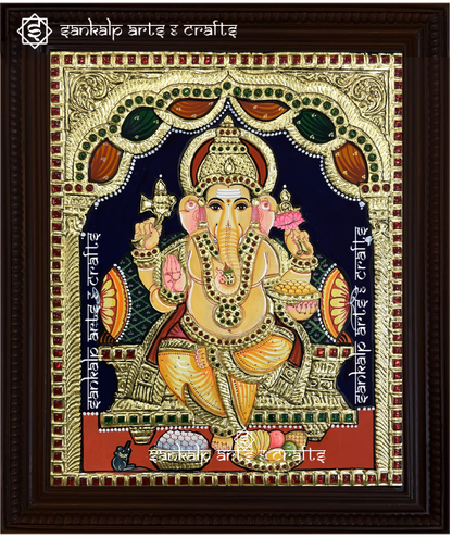 This Tanjore painting of Lord Ganesha is a masterpiece of intricate craftsmanship, adding divine grace to homes in Chennai & Bangalore.

