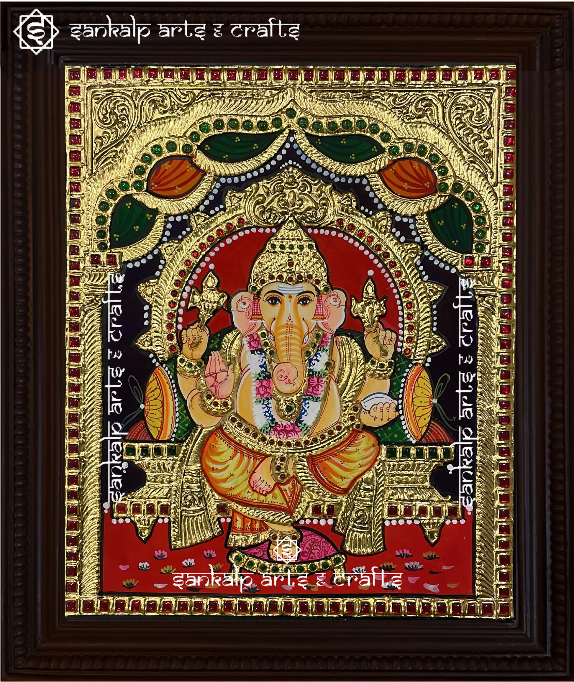 This stunning Tanjore painting of Lord Ganesha enhances spiritual decor in homes, offices, and temples in Chennai & Bangalore.

