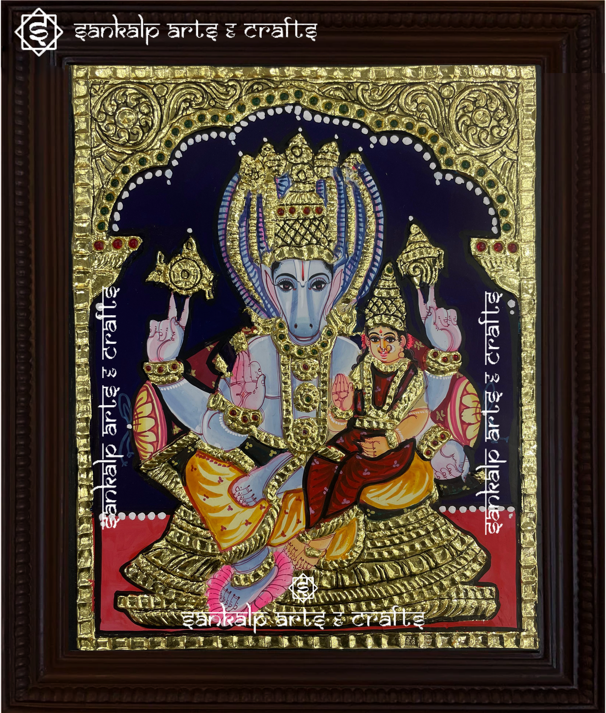 This exquisite Tanjore painting of Lord Hayagriva brings divine grace to pooja rooms and temples in Chennai & Bangalore.

