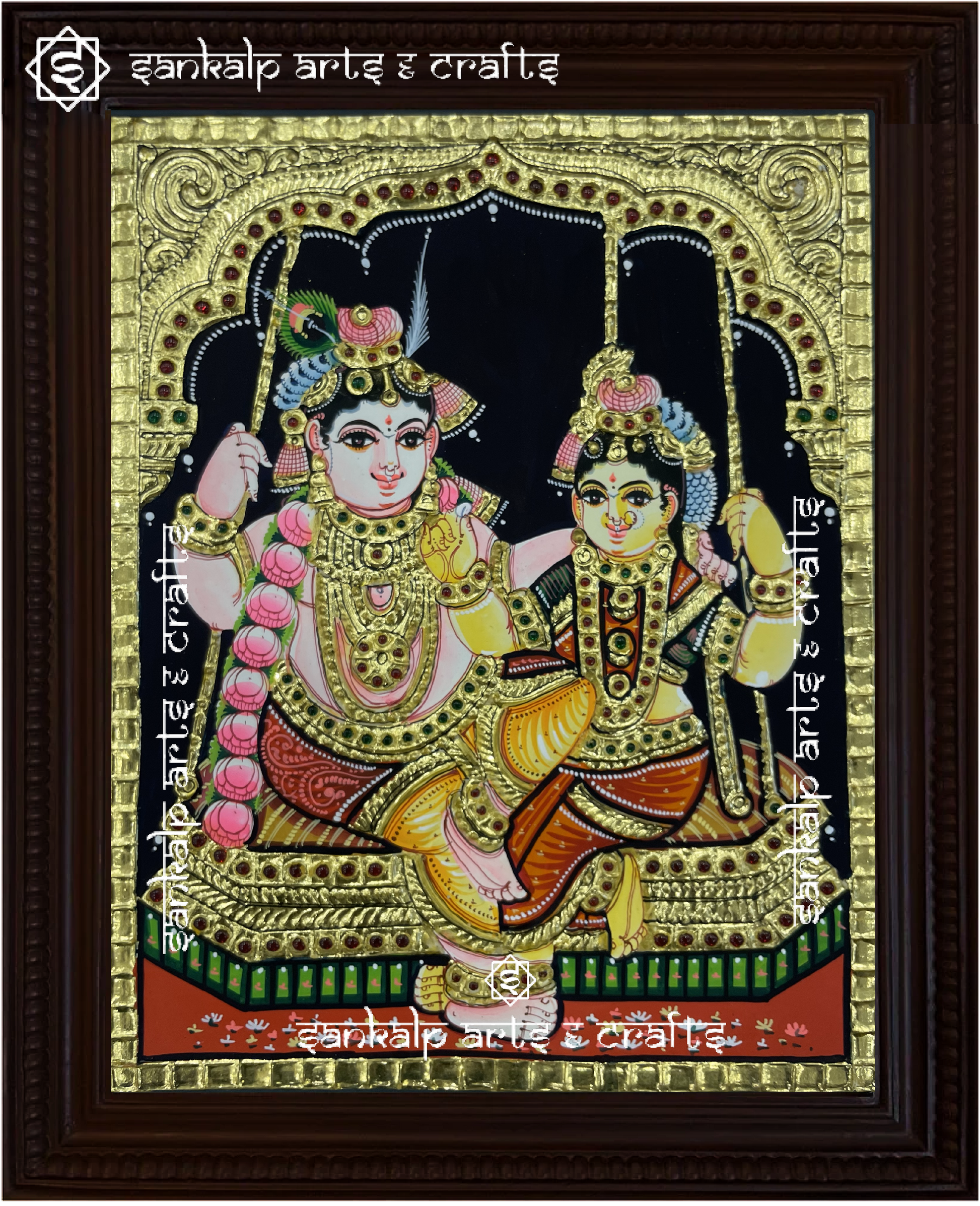 This Jhula Radha Krishna Tanjore painting showcases South Indian craftsmanship, handcrafted with rich gold foil detailing, ideal for spiritual spaces in Chennai & Bangalore.