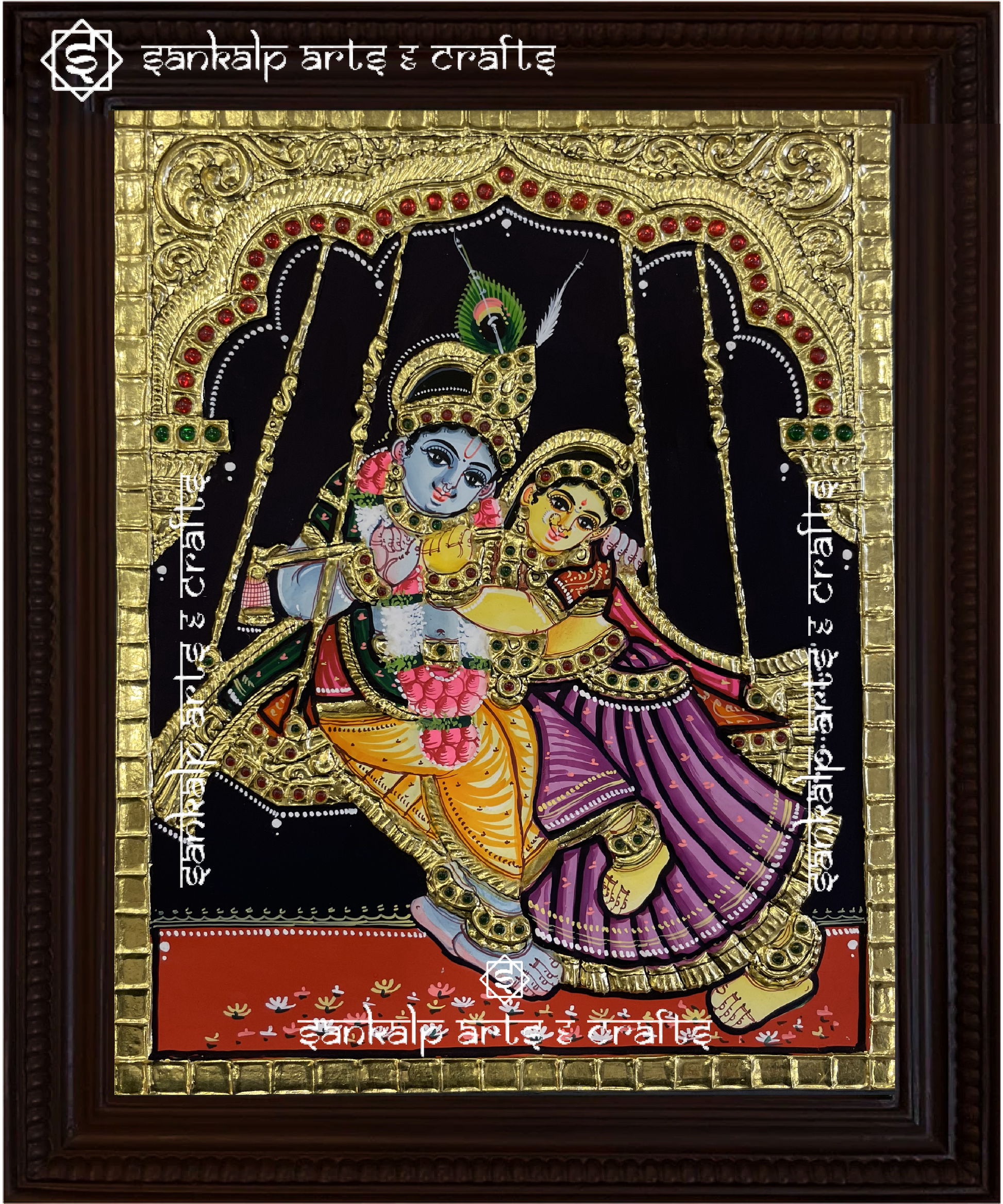 This North Indian-style Radha Krishna Tanjore painting captures the divine couple on a swing, exuding grace and beauty. A perfect addition to Chennai & Bangalore homes.