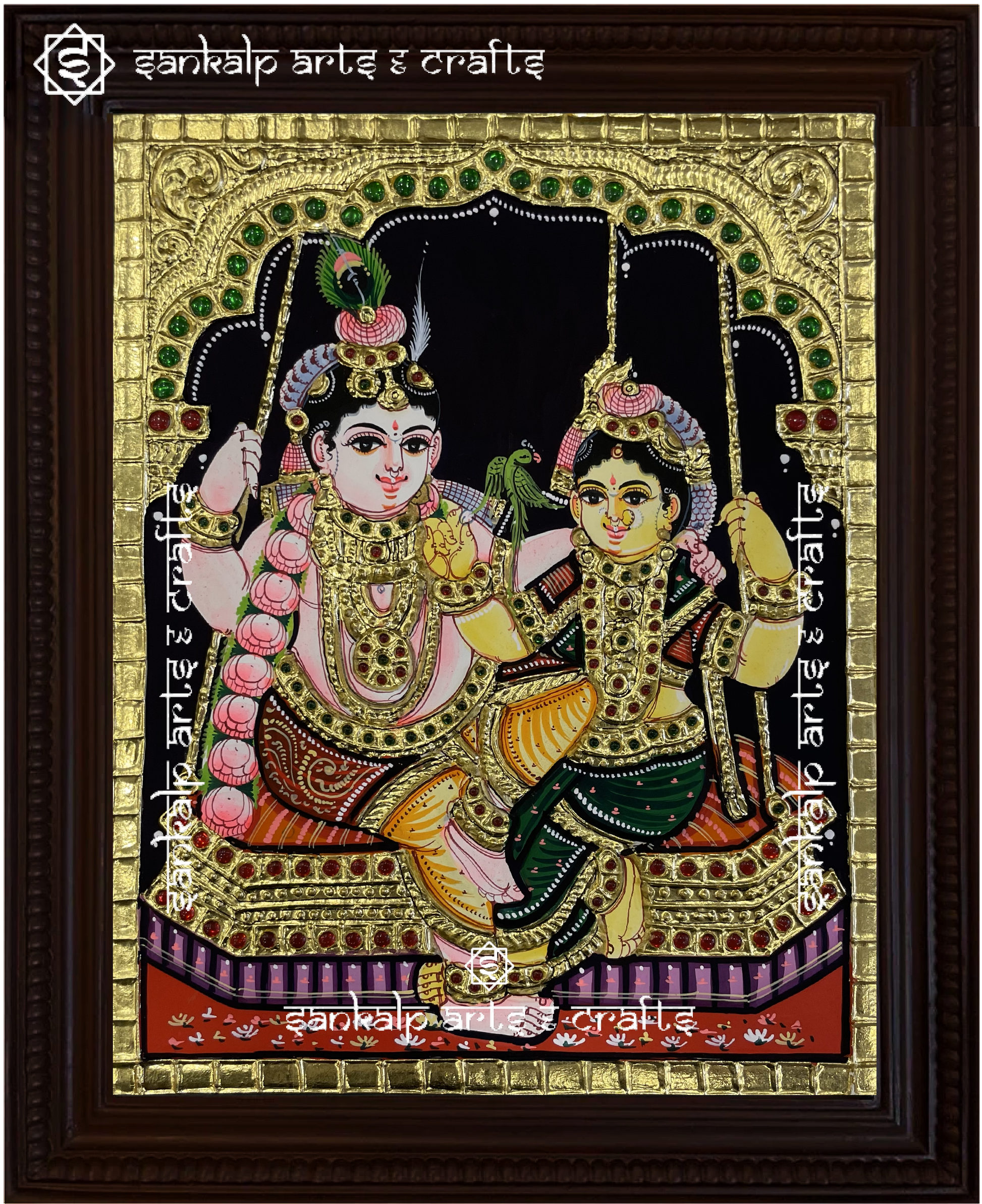 This South Indian-style Radha Krishna Tanjore painting depicts the divine couple on a swing, radiating love and devotion. A timeless masterpiece for Chennai & Bangalore homes.