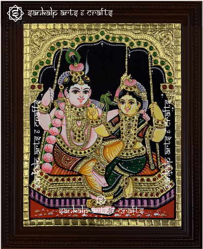 This South Indian-style Radha Krishna Tanjore painting depicts the divine couple on a swing, radiating love and devotion. A timeless masterpiece for Chennai & Bangalore homes.