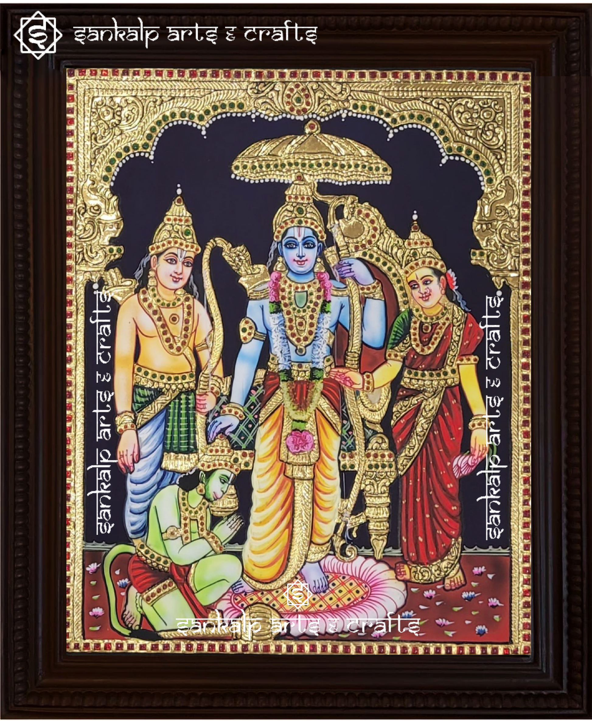 This exquisite Tanjore painting of Lord Rama holding a bow brings divine blessings to pooja rooms in Chennai & Bangalore.

