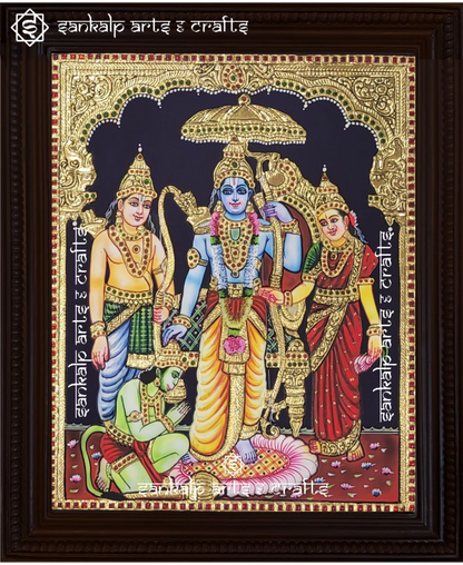This exquisite Tanjore painting of Lord Rama holding a bow brings divine blessings to pooja rooms in Chennai & Bangalore.

