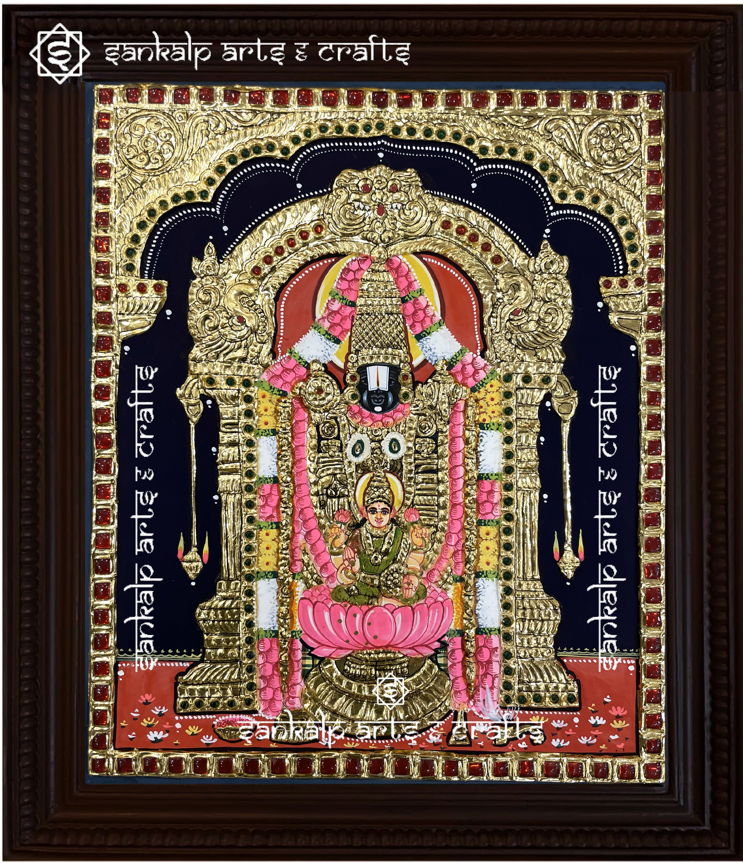 This exquisite Tanjore painting of Lakshmi & Balaji is a masterpiece of tradition, perfect for homes and temples in Chennai & Bangalore.

