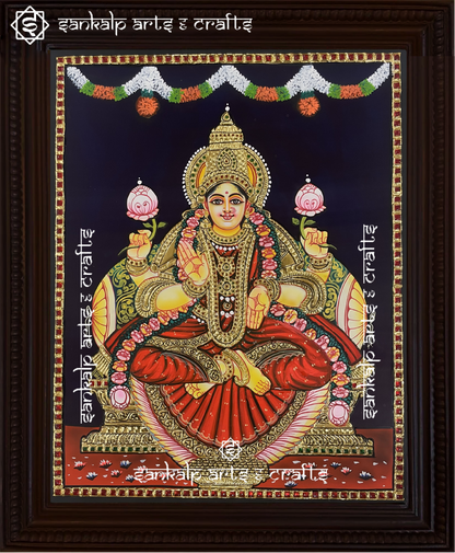 This exquisite Tanjore painting of Goddess Lakshmi, adorned with rich gold foil work, enhances the divine ambiance of pooja rooms in Chennai & Bangalore.

