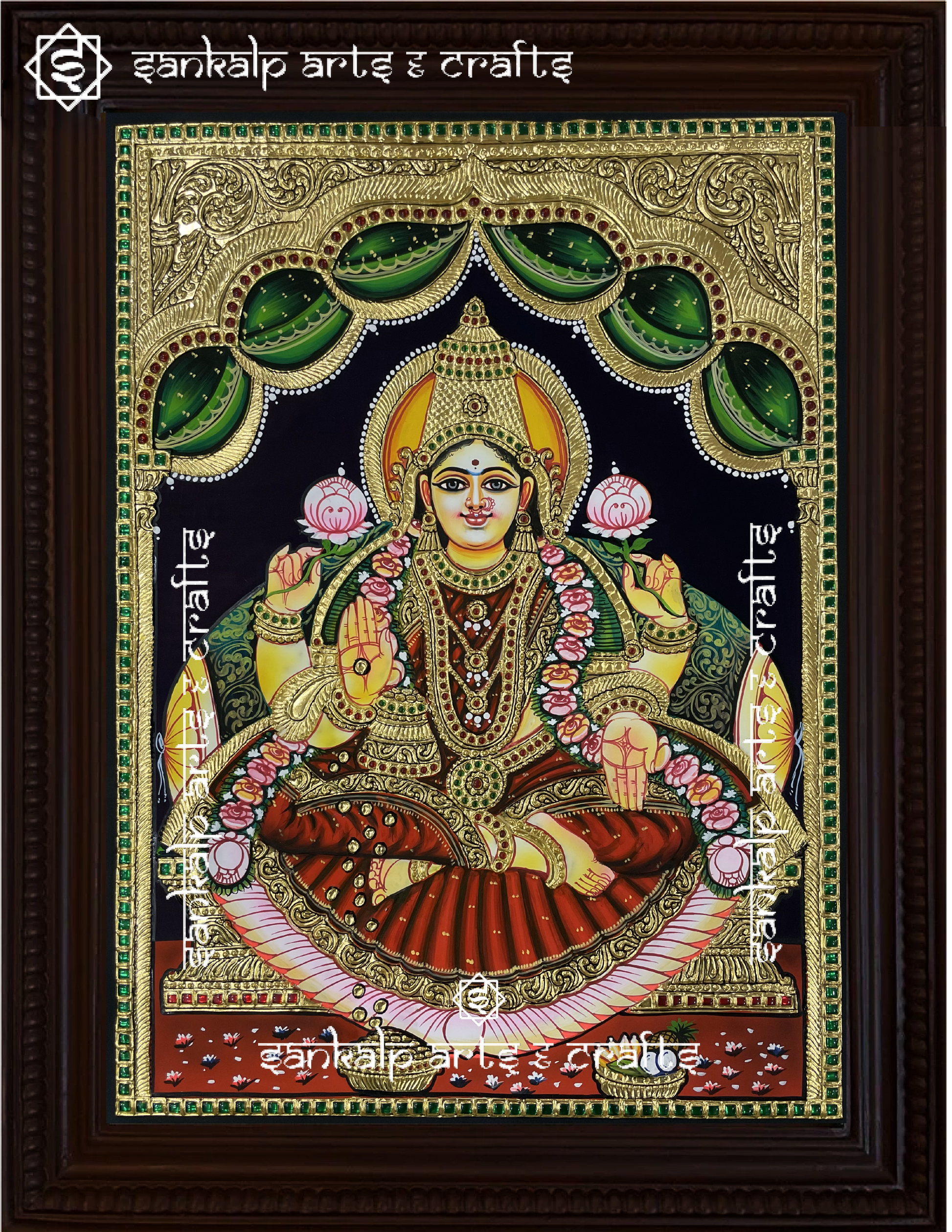 This traditional Tanjore painting of Goddess Lakshmi, crafted with rich gold foil detailing, adds spiritual charm to pooja rooms in Chennai & Bangalore.

