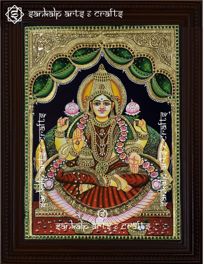 This traditional Tanjore painting of Goddess Lakshmi, crafted with rich gold foil detailing, adds spiritual charm to pooja rooms in Chennai & Bangalore.

