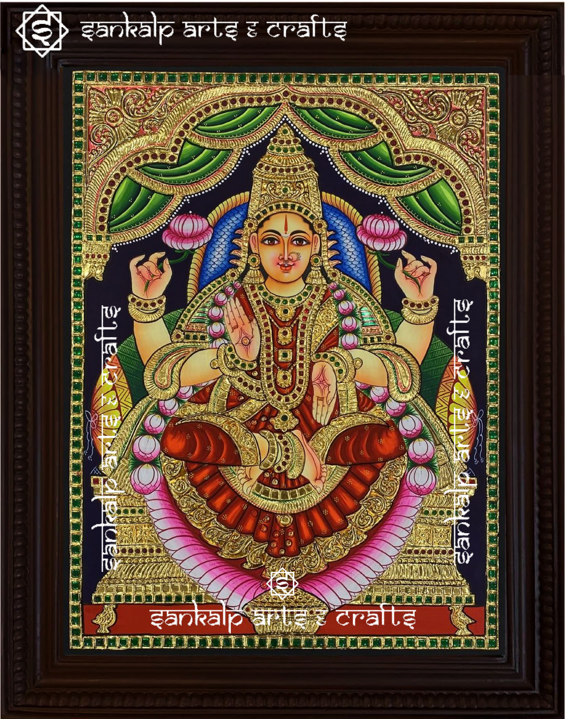 This traditional Tanjore painting of Goddess Lakshmi, adorned with gold foil and rich colors, is ideal for pooja rooms in Chennai & Bangalore.

