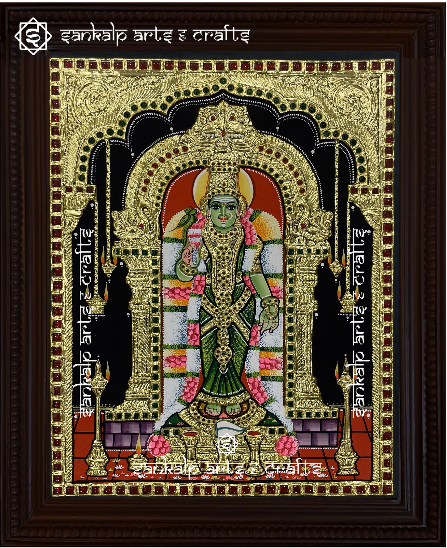 This Meenakshi Amman Tanjore painting is a stunning representation of South Indian temple art. A timeless devotional piece for homes in Chennai & Bangalore.