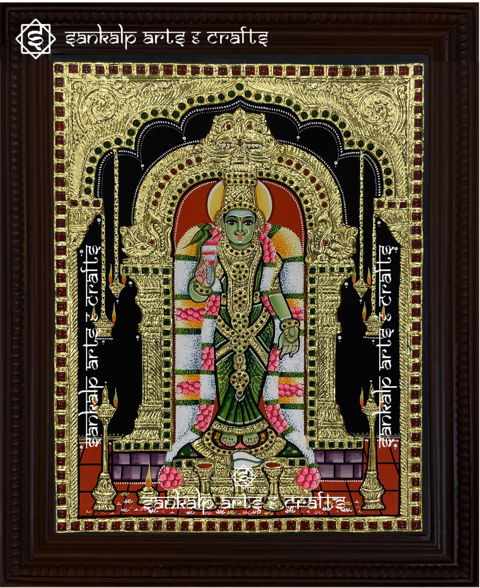 This Meenakshi Amman Tanjore painting is a stunning representation of South Indian temple art. A timeless devotional piece for homes in Chennai & Bangalore.