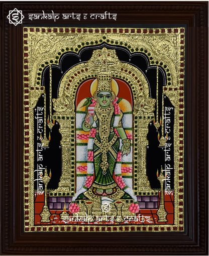 This Meenakshi Amman Tanjore painting is a stunning representation of South Indian temple art. A timeless devotional piece for homes in Chennai & Bangalore.