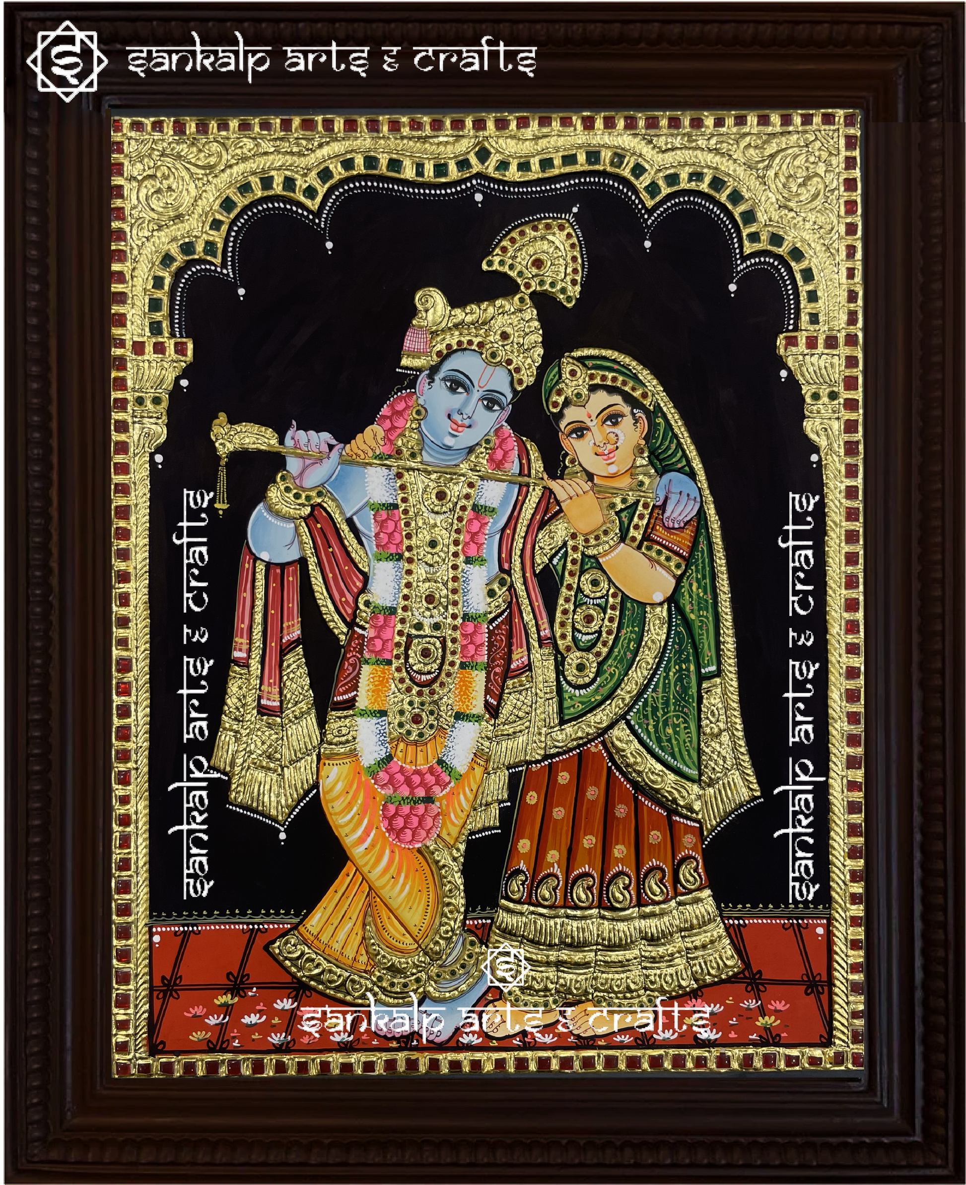 This Radhe Krishna Tanjore painting showcases divine love and elegance, making it a perfect addition to pooja rooms and home decor in Chennai & Bangalore.