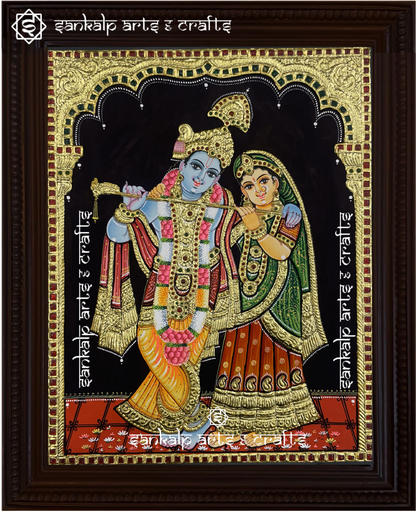 This Radhe Krishna Tanjore painting showcases divine love and elegance, making it a perfect addition to pooja rooms and home decor in Chennai & Bangalore.