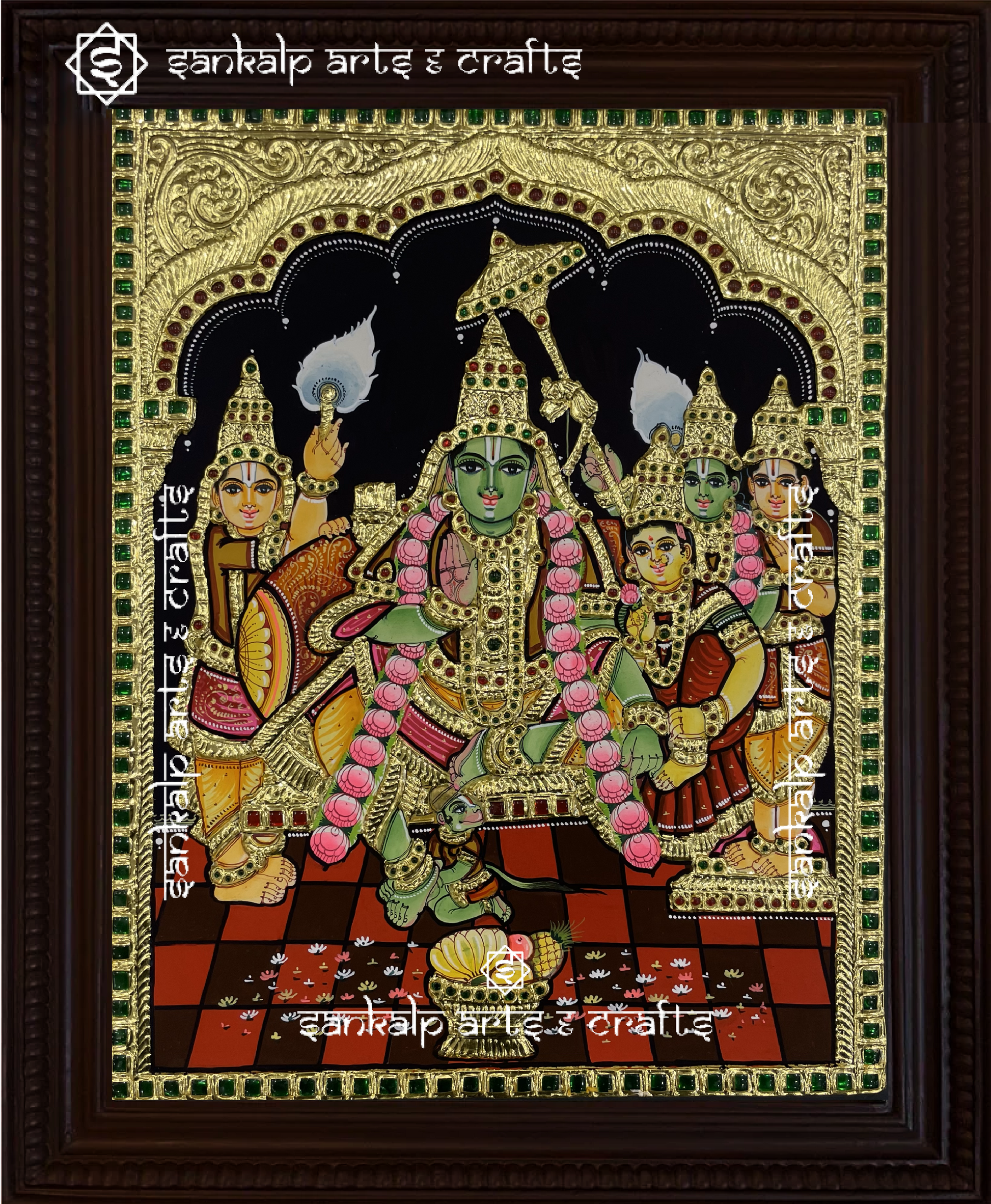 This Ramar Pattabishekam Tanjore painting is adorned with rich gold foil work, symbolizing victory and dharma. A spiritual masterpiece for Chennai & Bangalore homes.