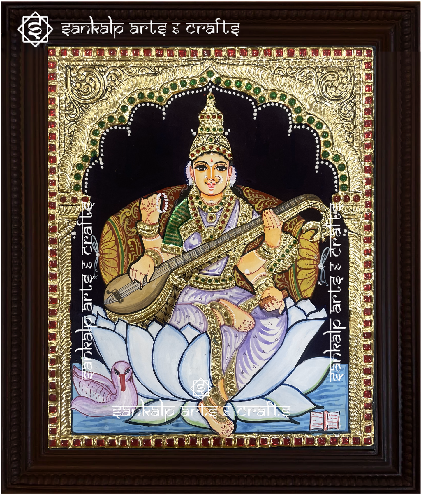 This Saraswathi Tanjore painting captures the goddess of wisdom in a radiant pose, perfect for home and temple decor in Chennai & Bangalore.