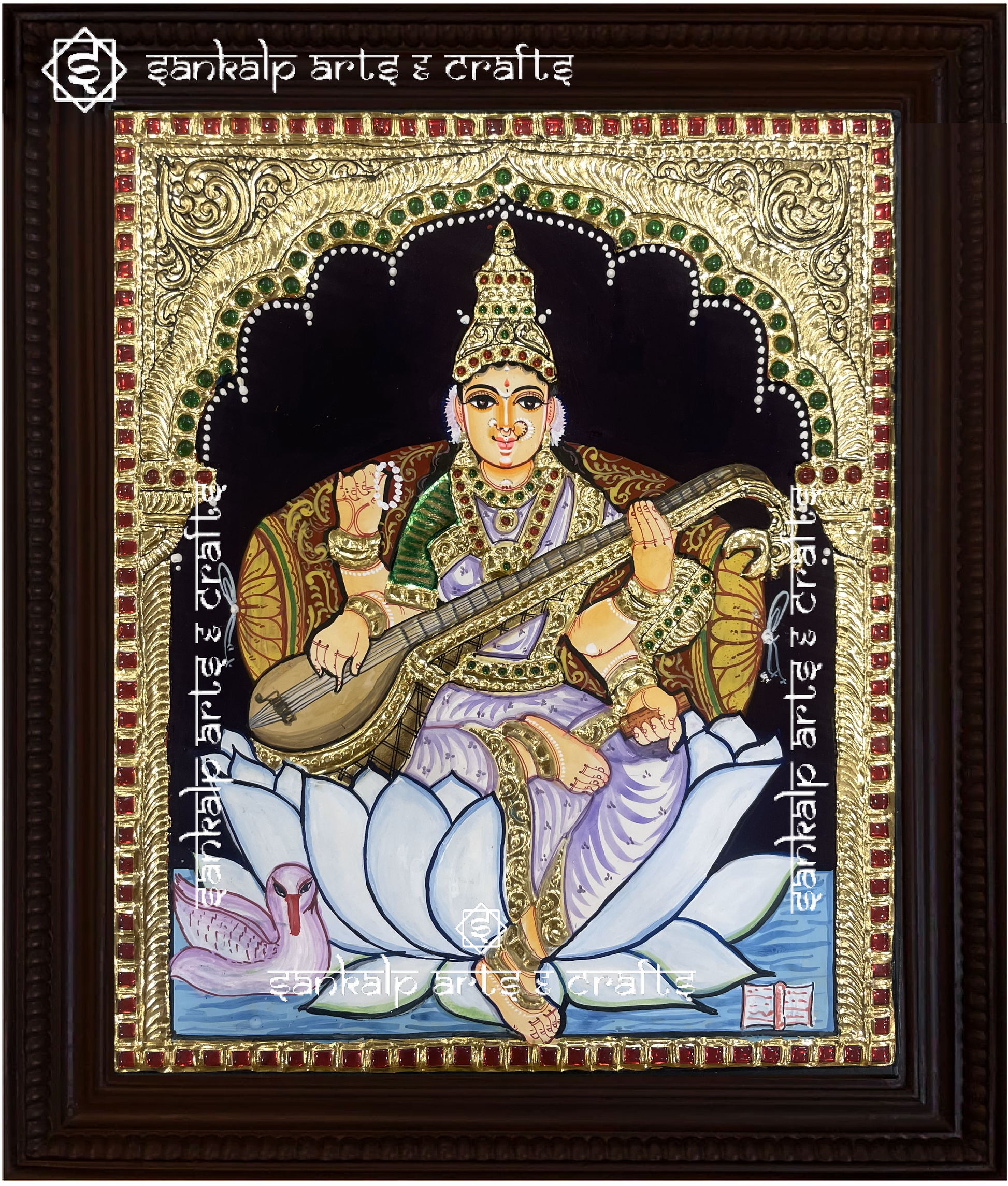 This Saraswathi Tanjore painting captures the goddess of wisdom in a radiant pose, perfect for home and temple decor in Chennai & Bangalore.