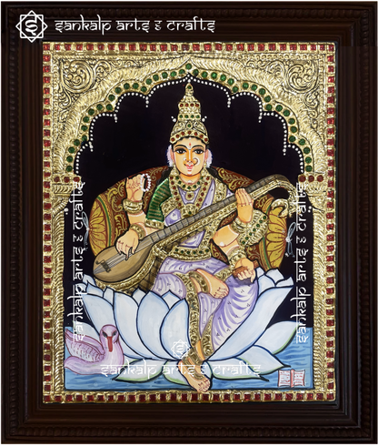 This Saraswathi Tanjore painting captures the goddess of wisdom in a radiant pose, perfect for home and temple decor in Chennai & Bangalore.